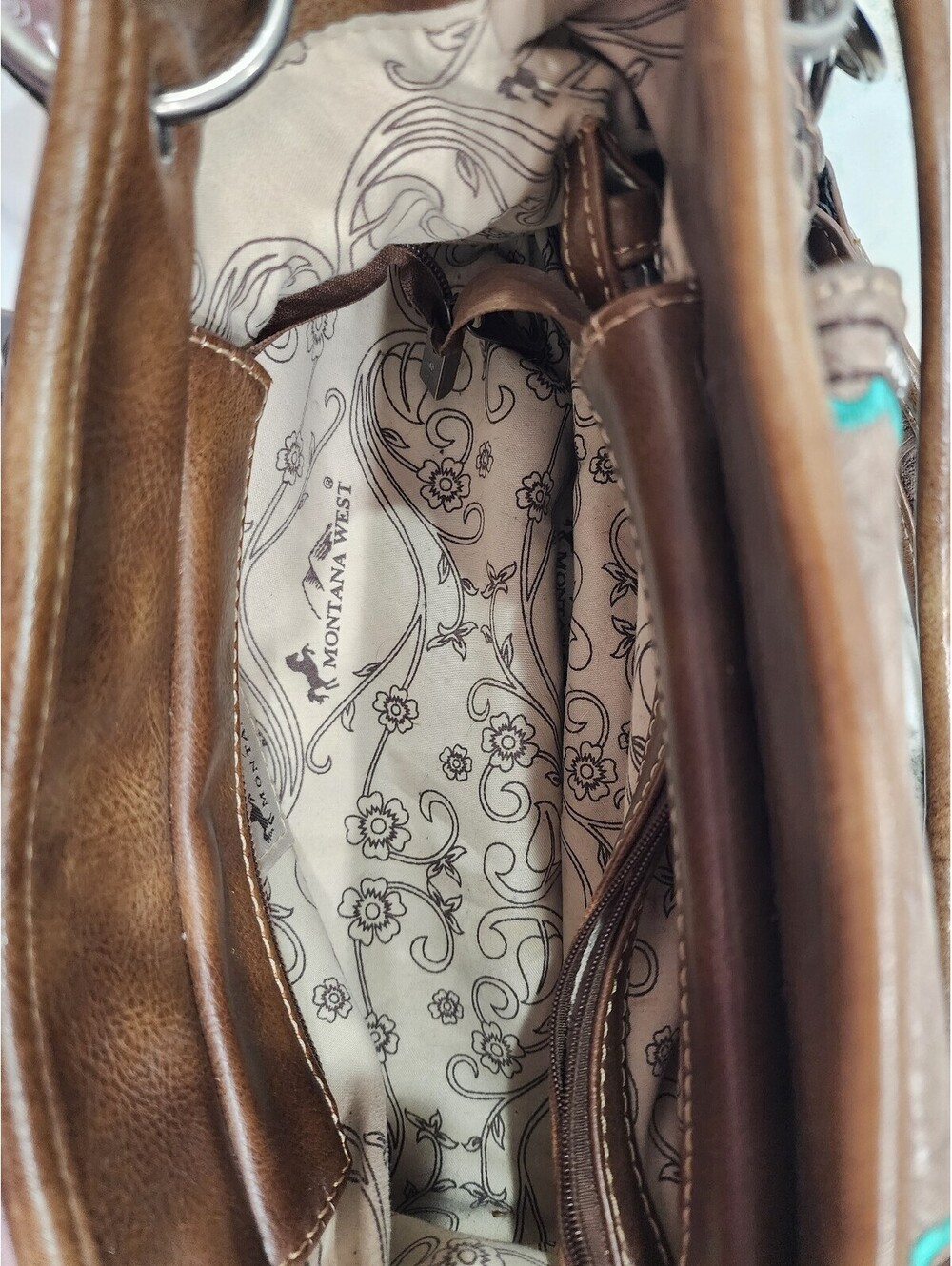 Montana West Brown Leather Handbag with Turquoise Accents and Studded Detailing - Picture 6 of 9